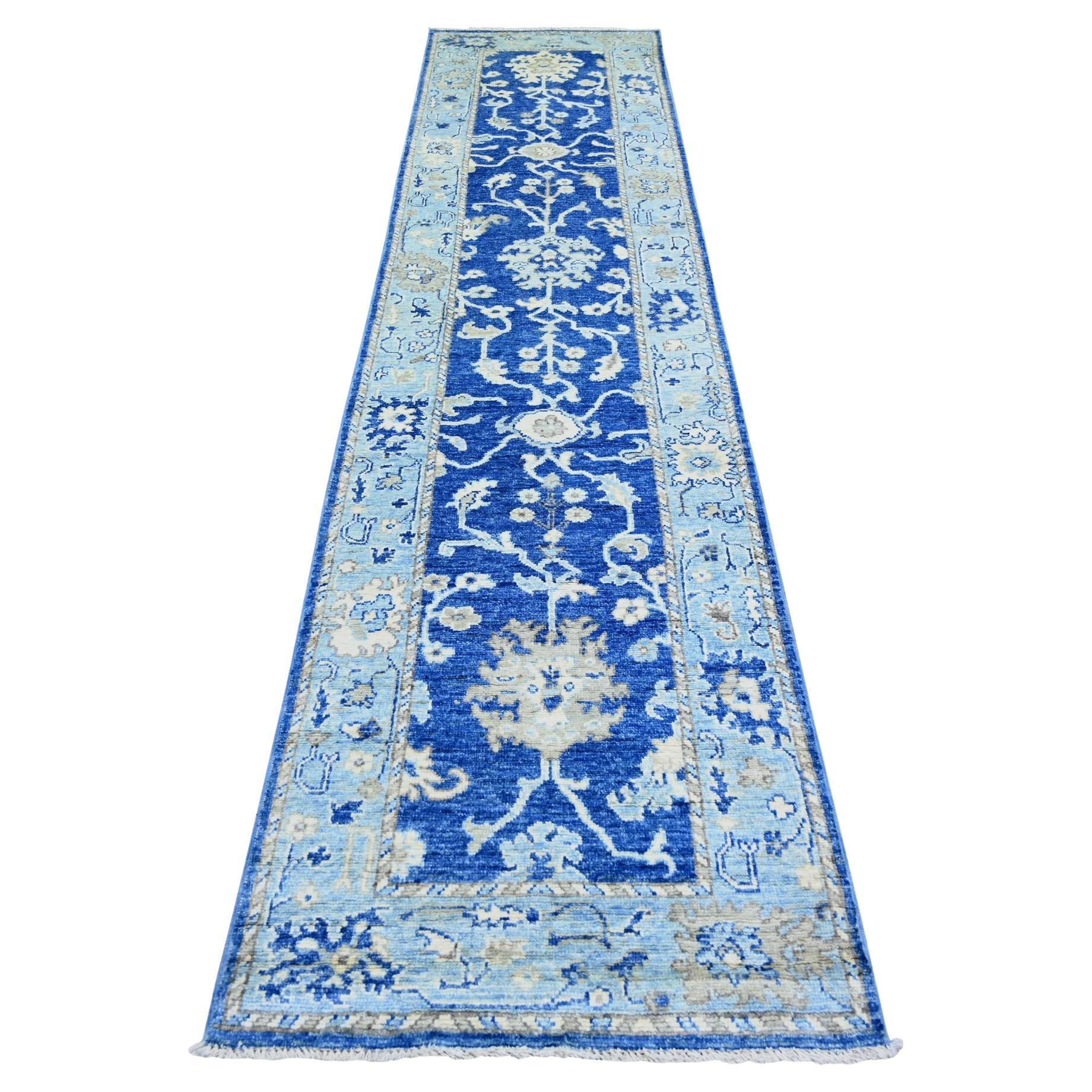 Tappeto orientale in lana blu annodato a mano Afghan Angora Oushak Runner 2'9 "x12'