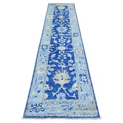 Tappeto orientale in lana blu annodato a mano Afghan Angora Oushak Runner 2'9 "x12'