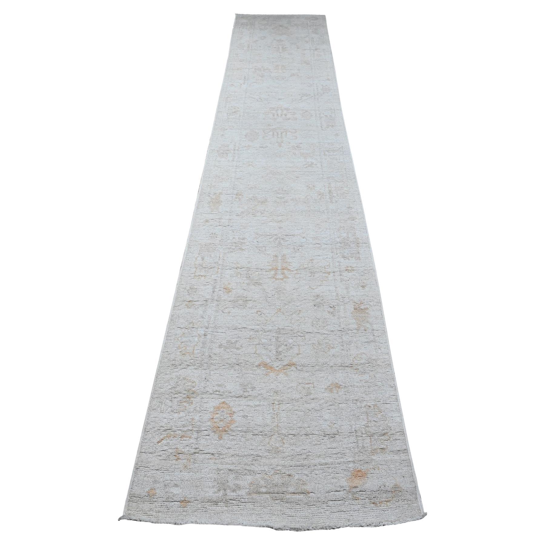 2'9 "x12' Pure Silver Gray Wool Weft Afghan Angora Oushak Runner Tapis d'Orient