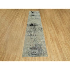 2'9"x12' Silver Blue Wool & Silk Modern Abstract Design Hand Knotted Runner Rug