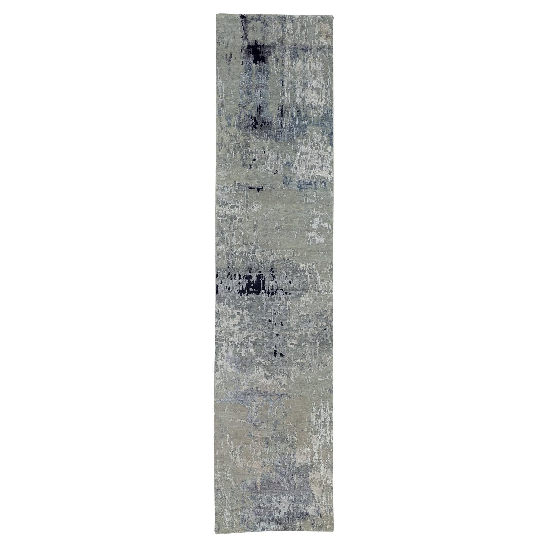 2'9 "x12' Silver Blue Wool & Silk Modern Abstract Design Hand Knots Rugs (Tappeto da corsa annodato a mano)
