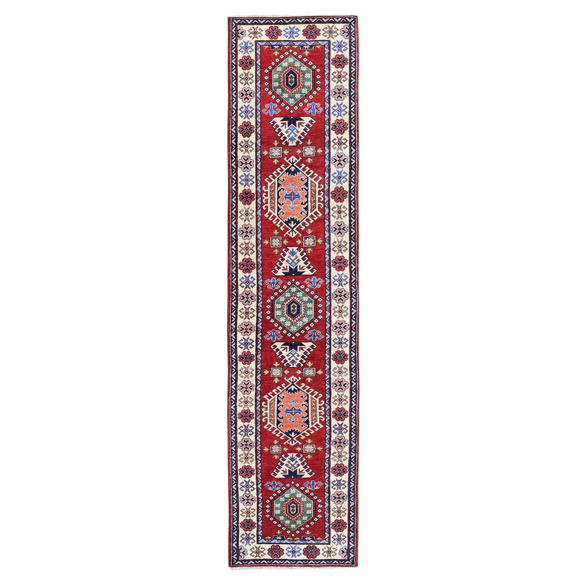 2
9"x12
10" Red Kazak with Tribal Medallions Design Hand Knotted Wool Runner Rug