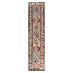 2
9"x12
3" Blue Kazak Geometric Medallions Design Hand Knotted Wool Runner Rug