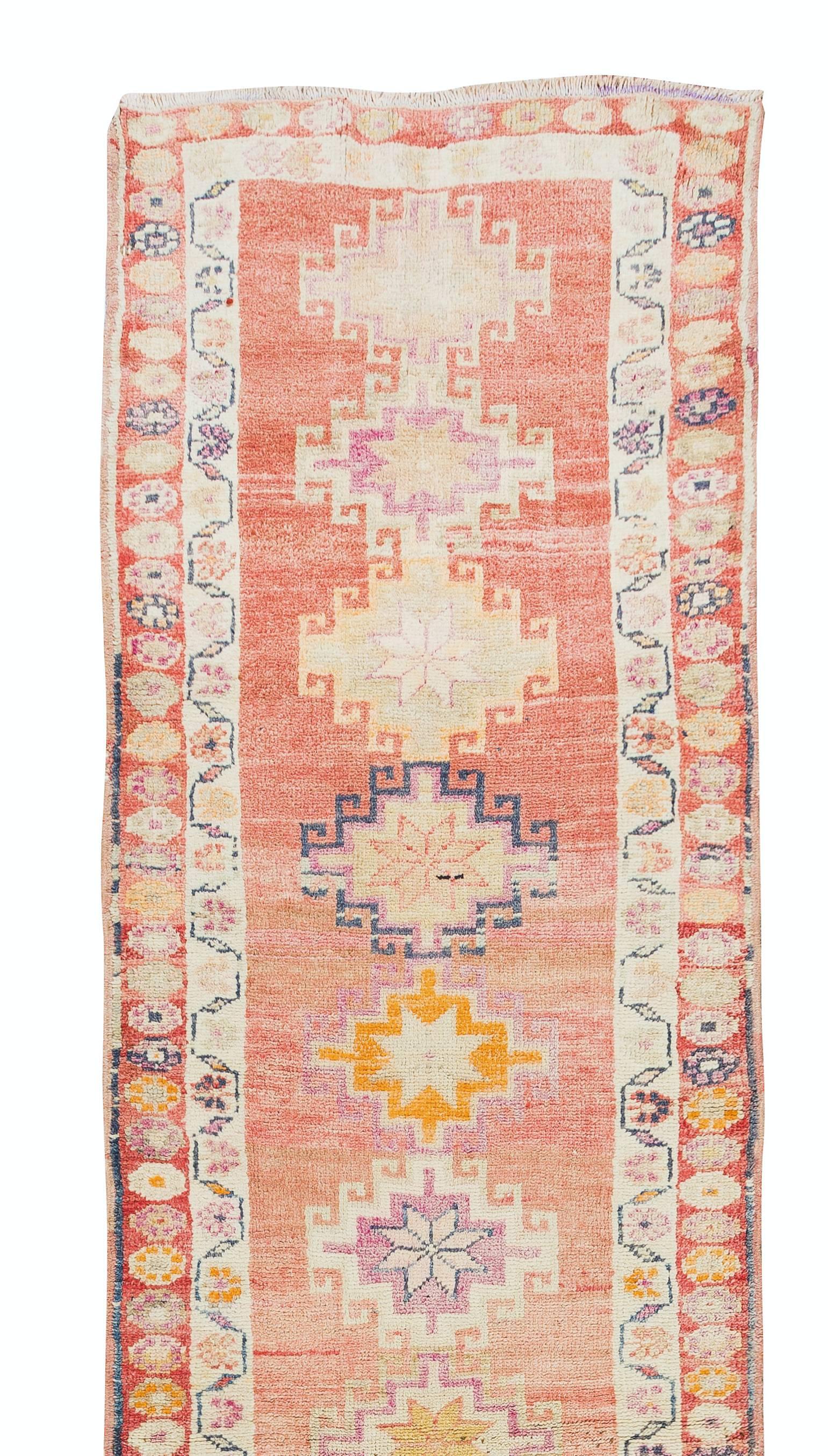 Hand-Knotted 3x12.3 Ft Handmade Runner Rug in Red, Traditional Turkish Carpet, Ca 1950 For Sale
