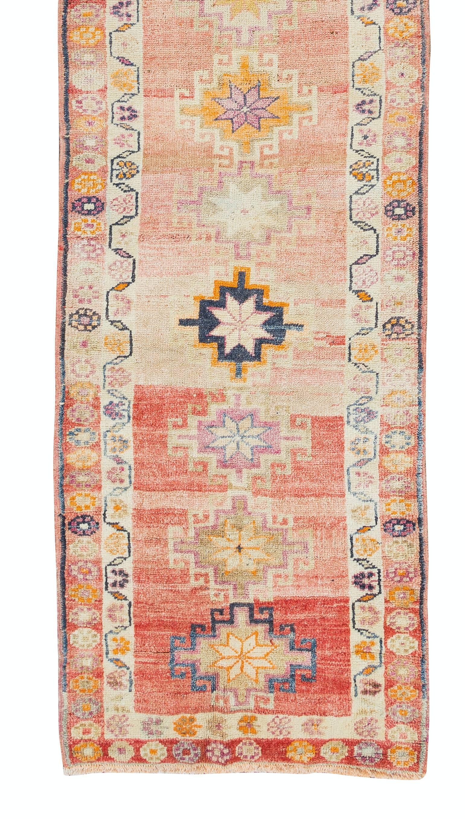 3x12.3 Ft Handmade Runner Rug in Red, Traditional Turkish Carpet, Ca 1950 In Good Condition For Sale In Philadelphia, PA