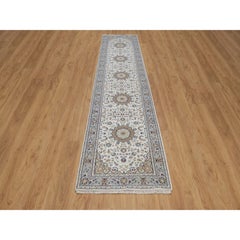 2'9"x12'4" Ivory Hand Knotted Nain with Medallions Design Wool & Silk Runner Rug