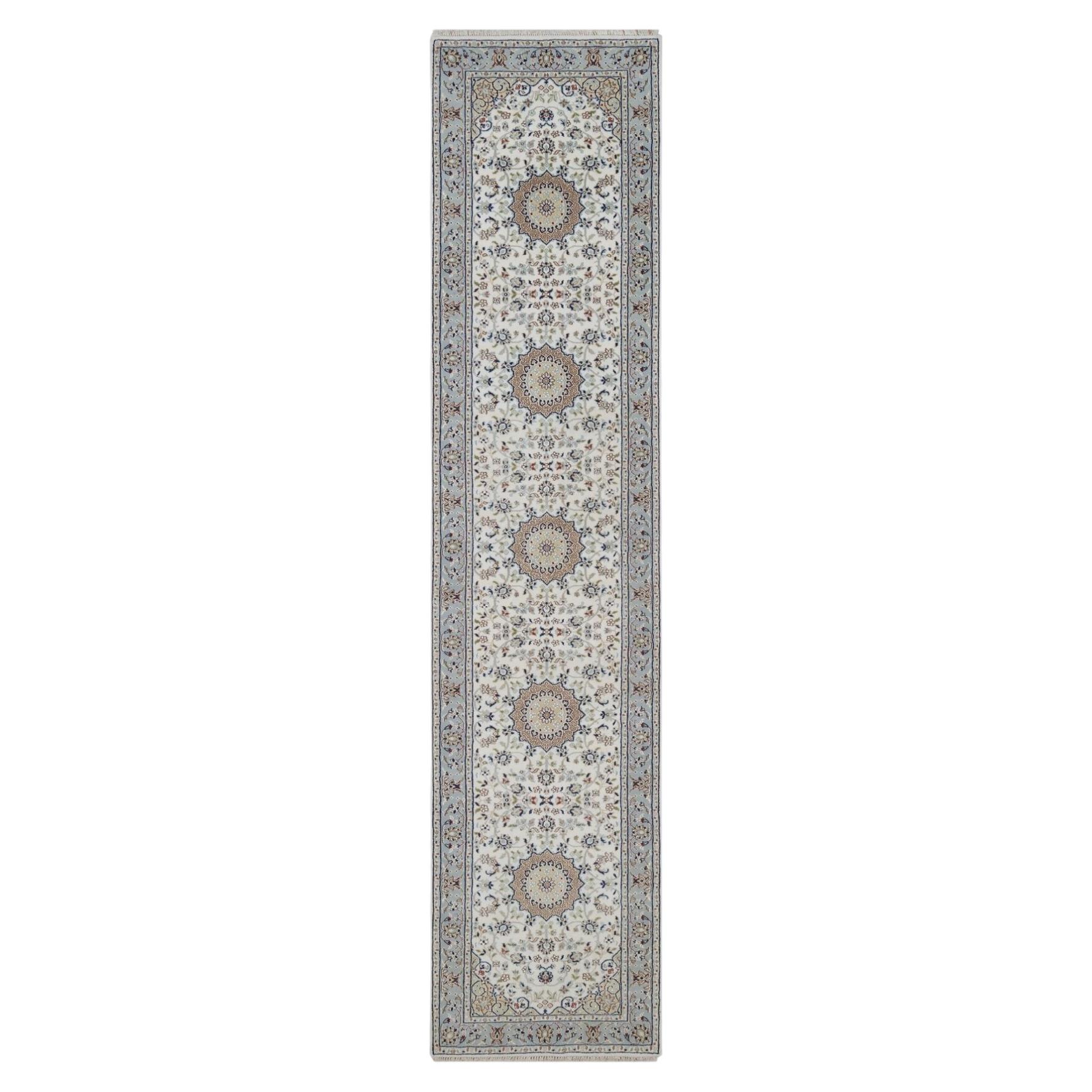 2'9"x12'4" Ivory Hand Knotted Nain with Medallions Design Wool & Silk Runner Rug