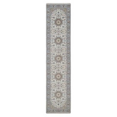 2'9"x12'4" Ivory Hand Knotted Nain with Medallions Design Wool & Silk Runner Rug