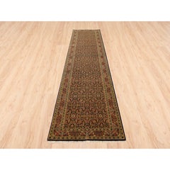 2'9"x12'4" Jet Black Herati Hand Knotted 250 KPSI Wool Runner Oriental Rug