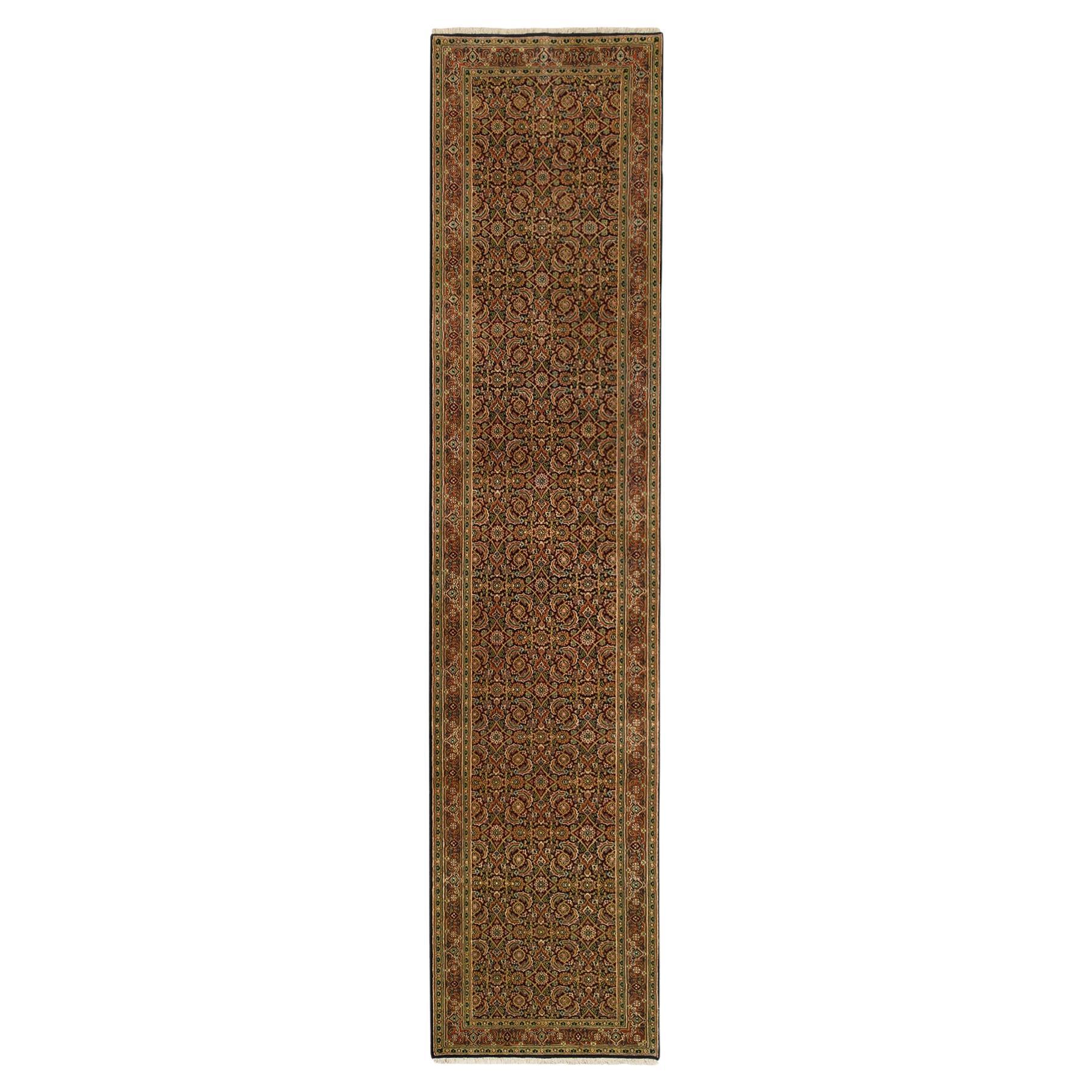 2'9"x12'4" Jet Black Herati Hand Knotted 250 KPSI Wool Runner Oriental Rug For Sale