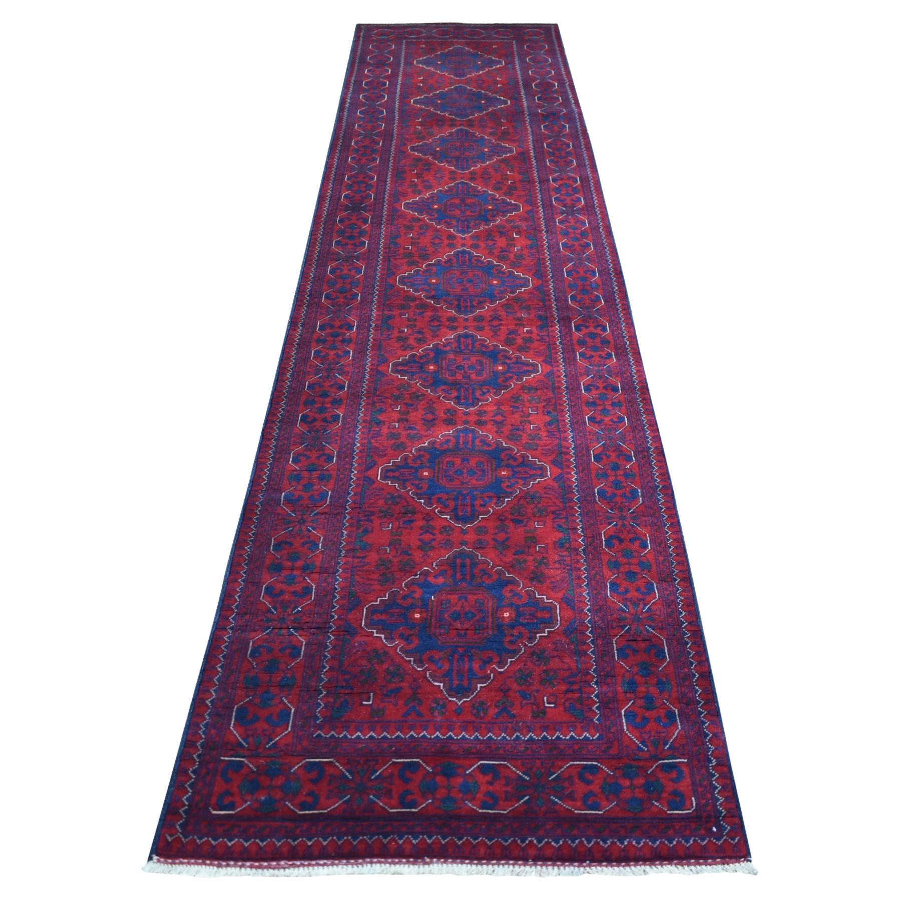 2'9"x12'5" Deep and Saturated Red Afghan Khamyab Wool Hand Knotted Runner Rug For Sale