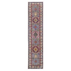 2'9 "x12'6" Tapis de course en laine douce nouée à la main Kazak gris tourterelle avec design tribal