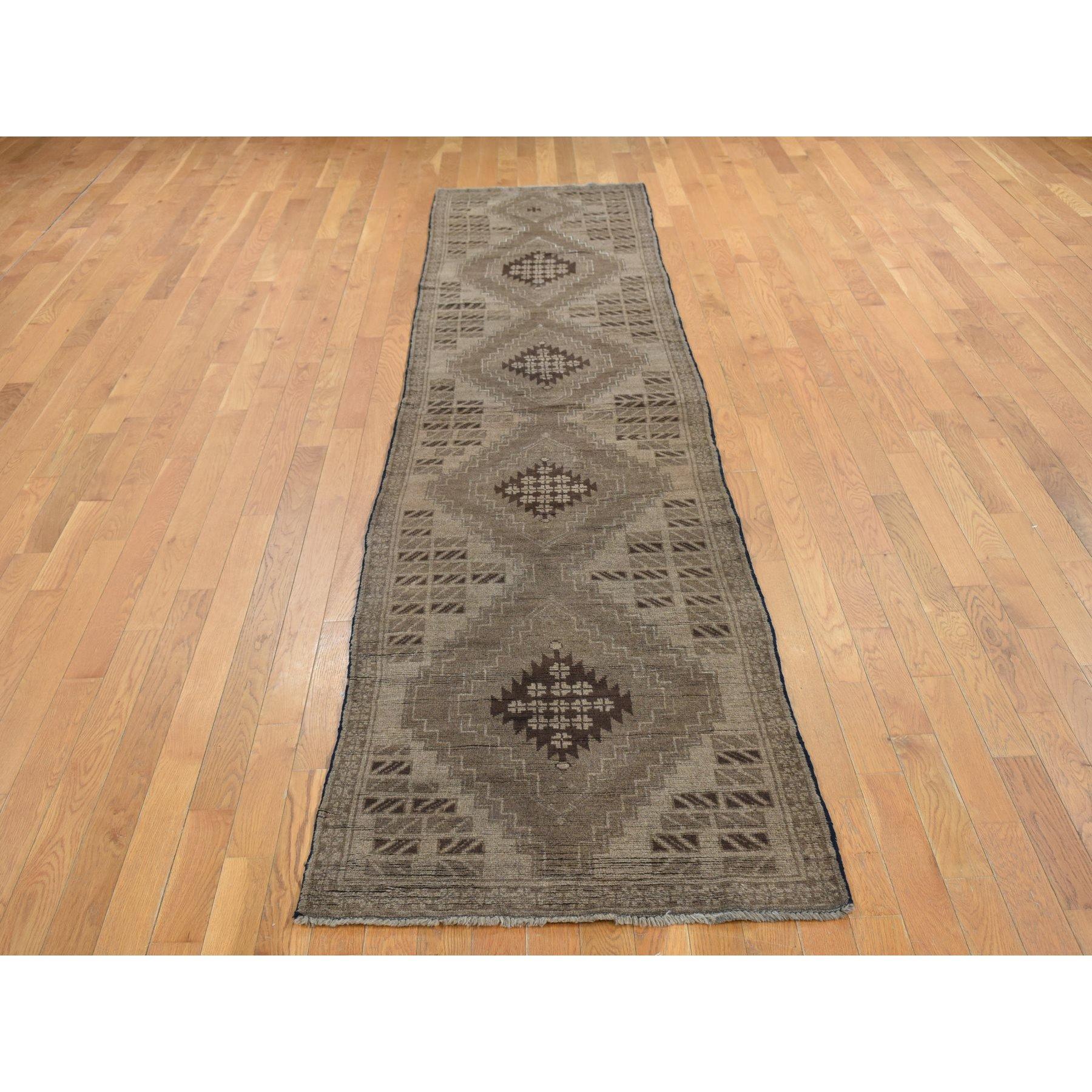 Fawn Brown, Washed Out Afghan Baluch with Geometric Design, Pure Wool, Hand Knotted, Runner Oriental Rug
Primary materials: Wool
Latex: No Pile 
height: 0.25 Inches
Style: Traditional
Primary color: Brown
Secondary colors: Coffee Brown
Pattern: