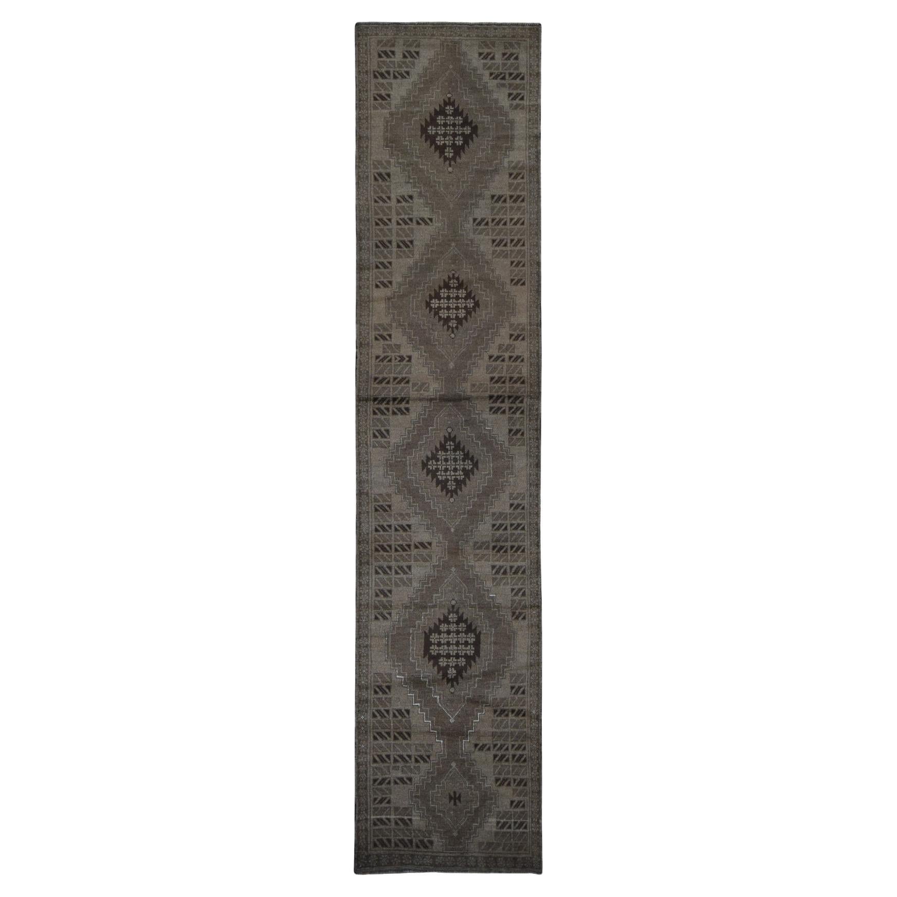 2'9"x12'8" Brown Washed Out Afghan Baluch Pure Wool Hand Knotted Runner Rug