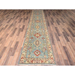 2'9"x12'9" Baby Blue Kazak with Medallions Design Hand Knotted Wool Runner Rug