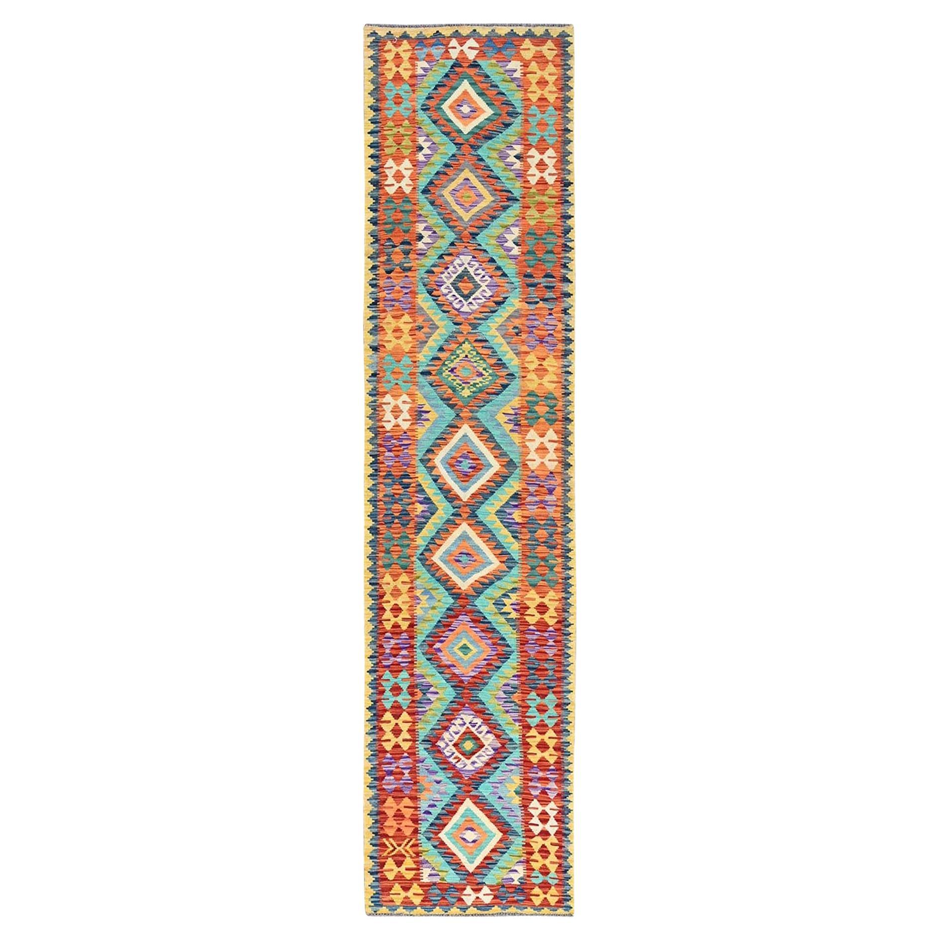 2
9"x12
9" Blue Flat Weave Geometric Afghan Kilim Hand Woven Wool Runner Rug