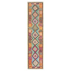 2
9"x12
9" Blue Flat Weave Geometric Afghan Kilim Hand Woven Wool Runner Rug