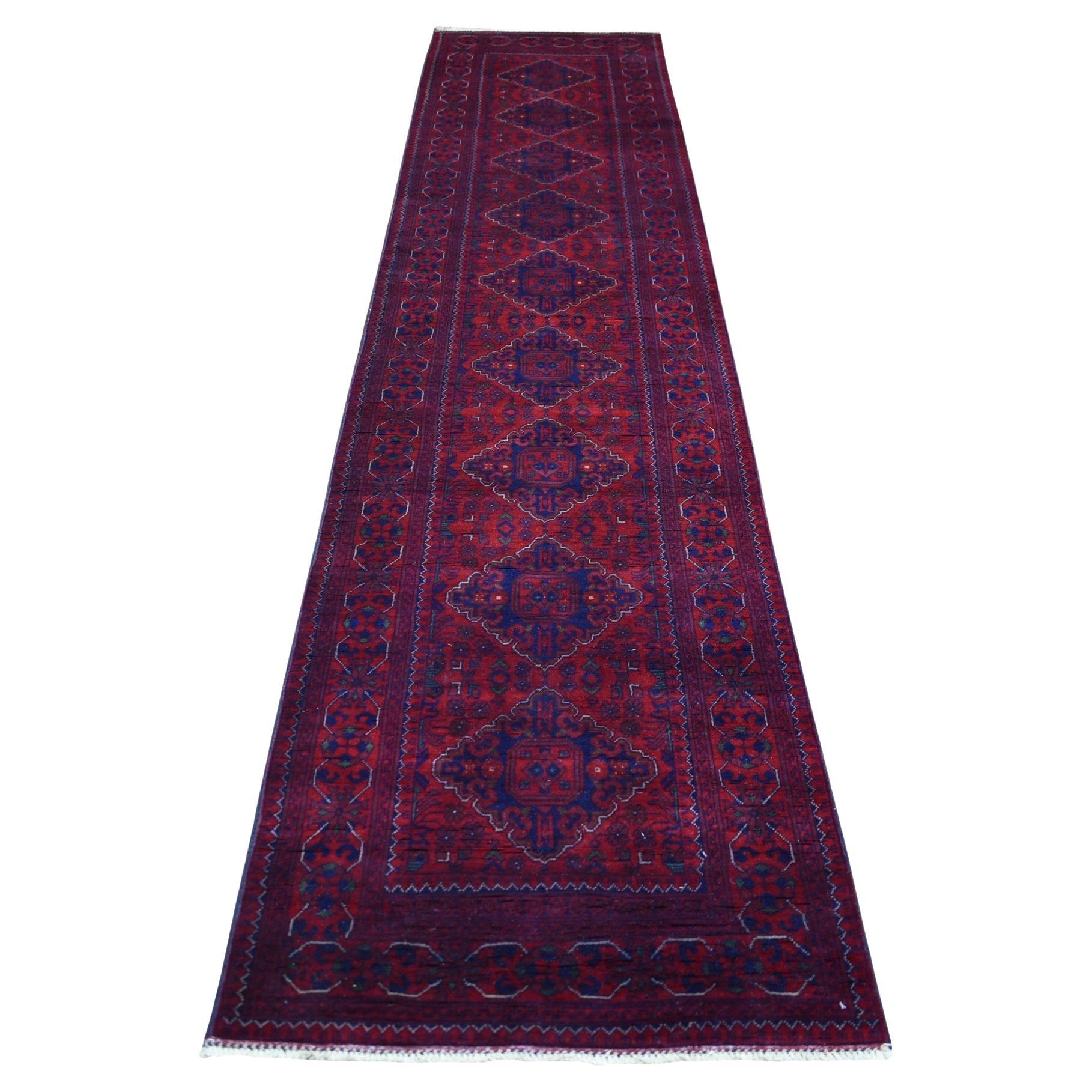 2'9 "x13'2" Rot Afghan Khamyab Wolle Geometrisches Design Hand geknüpft Wolle Läufer Teppich