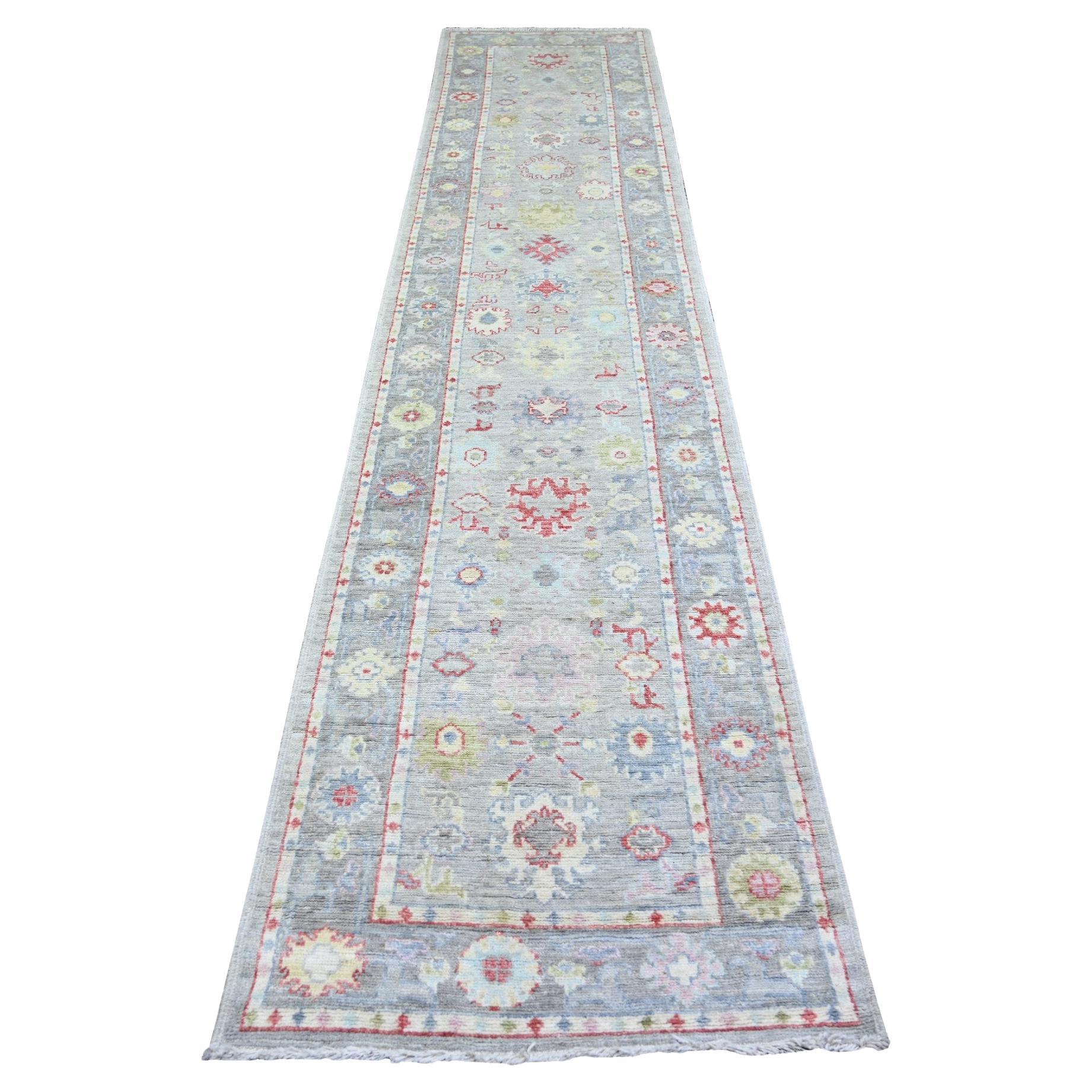 2'9"x13'7" Gray Afghan Angora Oushak All Over Leaf Design Hand Knotted Wool Rug