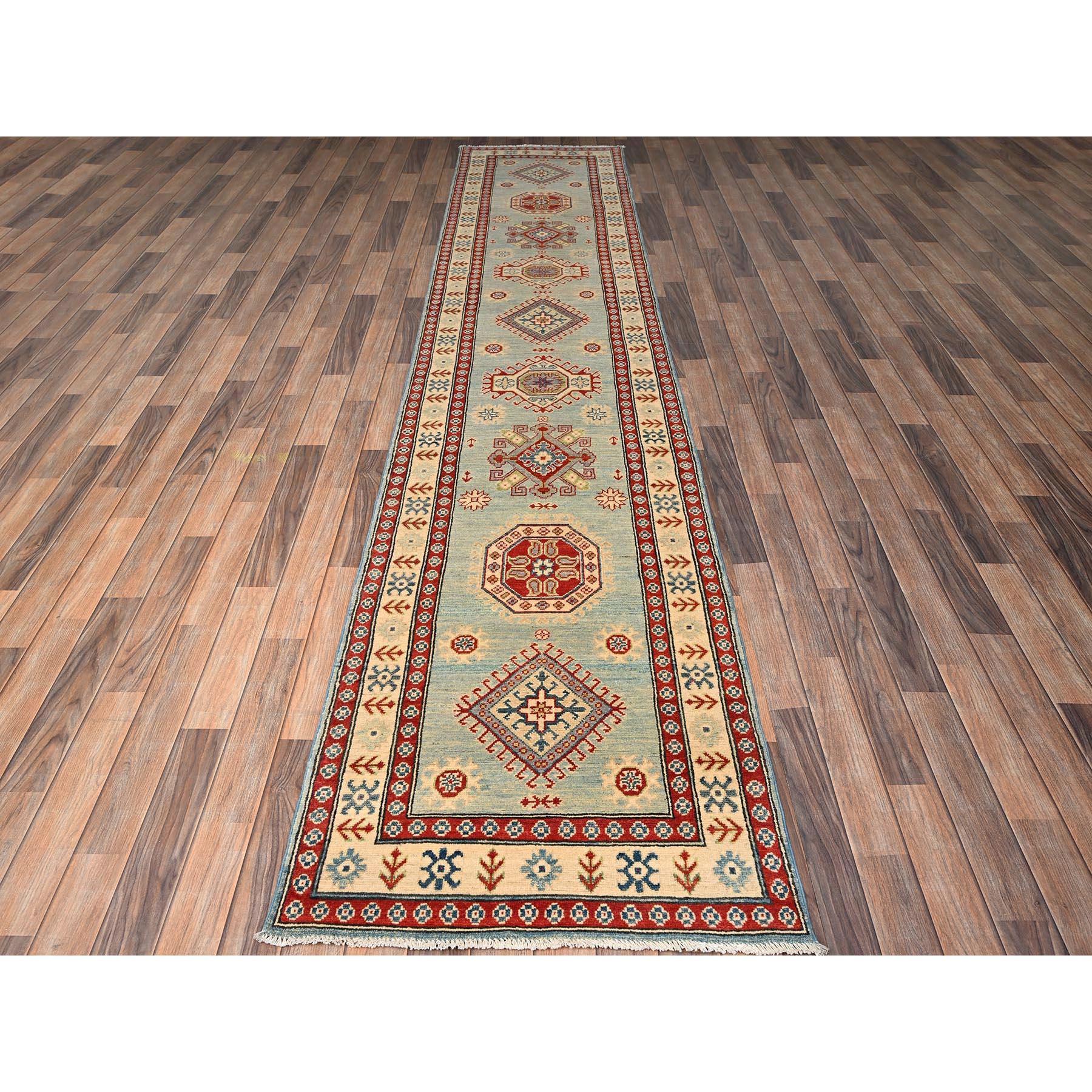 Biscotti White, Hand Knotted, Pure Wool, Vegetable Dyes, Denser Weave, Kazak with Geometric Medallions Design, Runner, Oriental Rug
Primary materials: Wool
Latex: No Pile 
height: 0.25 Inches
Style: Traditional
Primary color: Ivory
Secondary colors:
