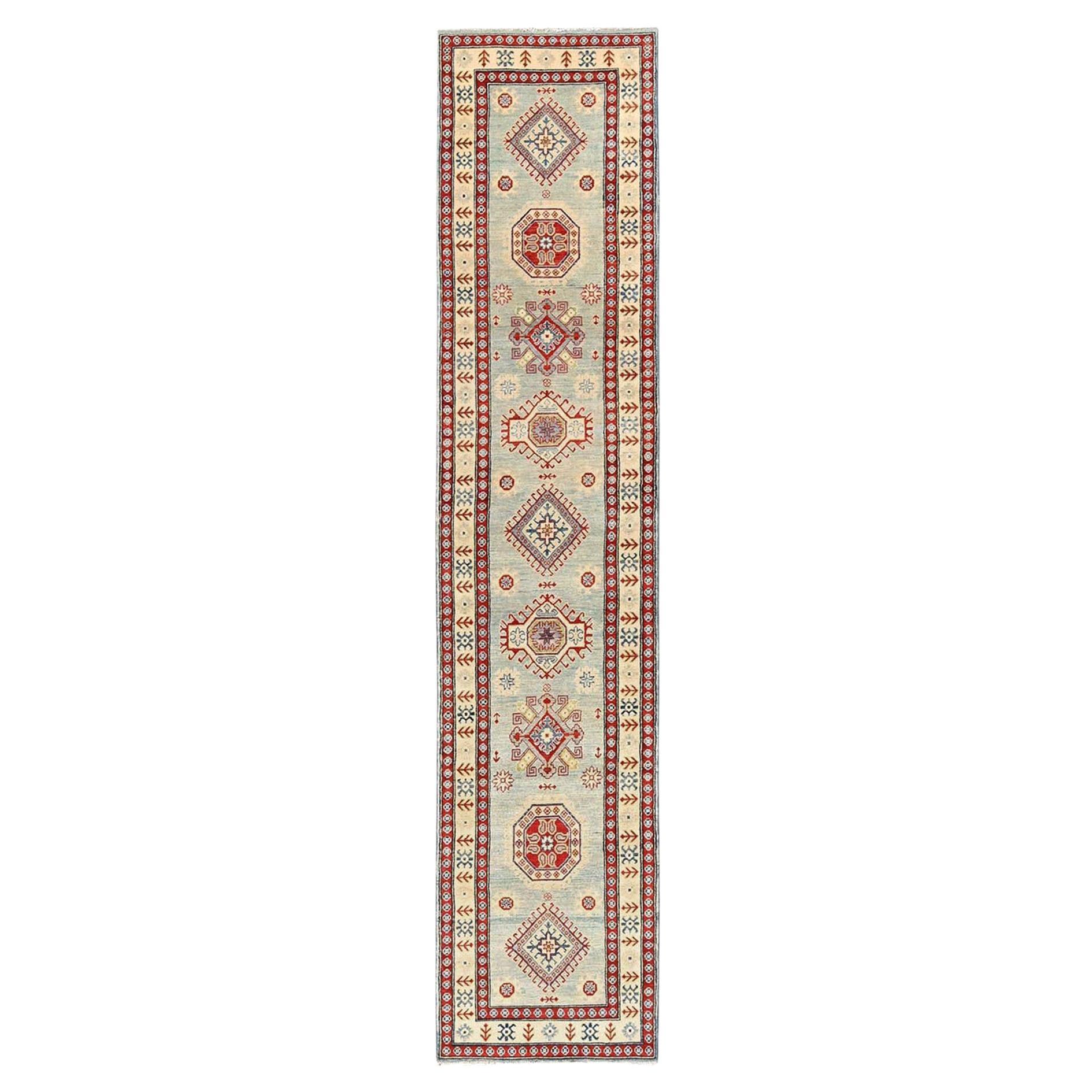 2
9"x13
7" Ivory Hand Knotted Wool Kazak Geometric Medallions Design Runner Rug