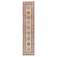 2
9"x13
7" Ivory Hand Knotted Wool Kazak Geometric Medallions Design Runner Rug
