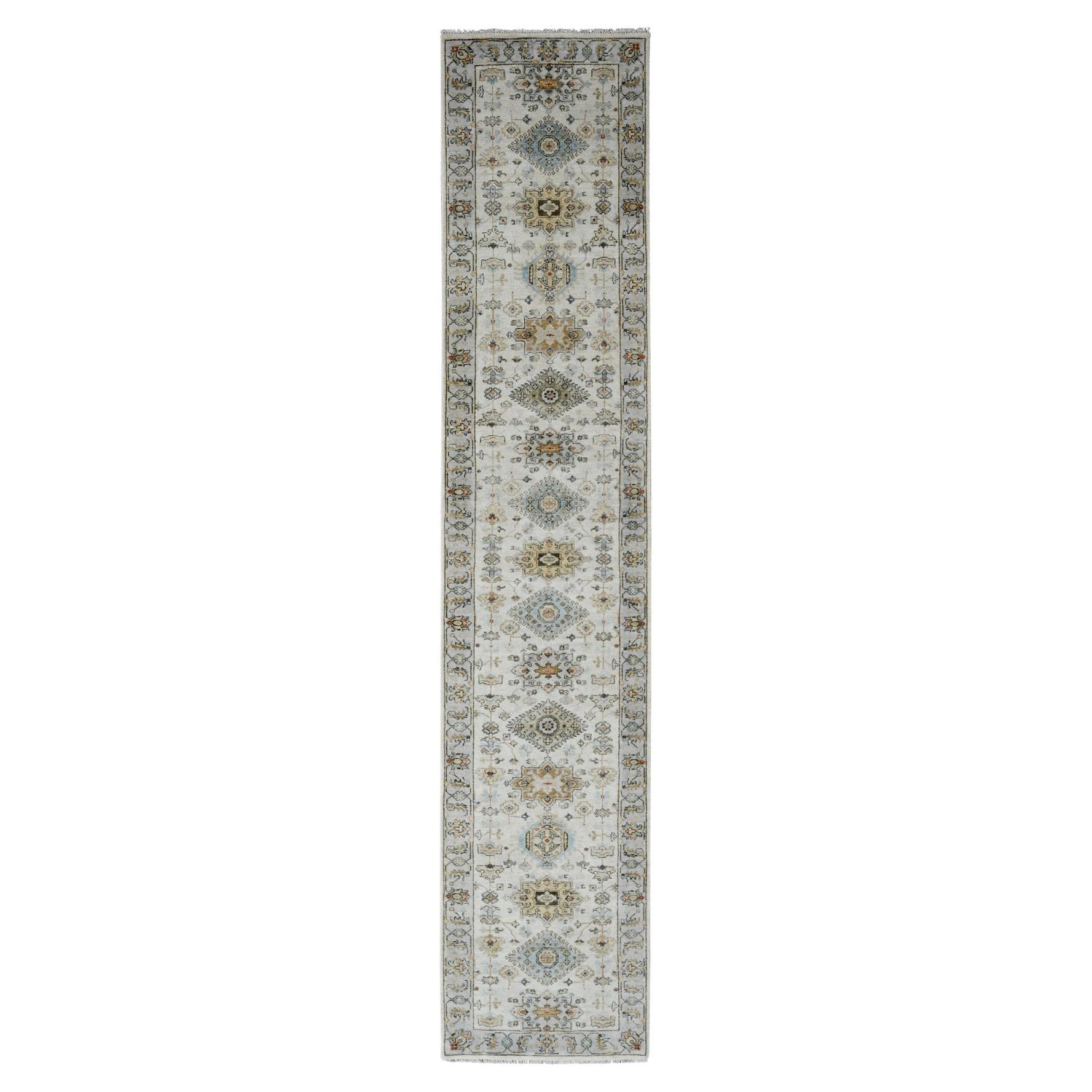 2'9"x13'8" Snowbound White Hand Knotted Karjihooz 100% Wool Runner Oriental Rug