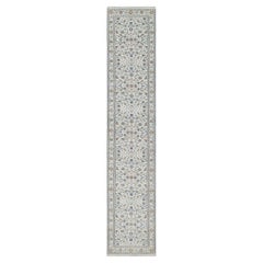 2'9"x14' Chiffon White Nain with Flower Design Hand Knotted Wool and Silk Rug