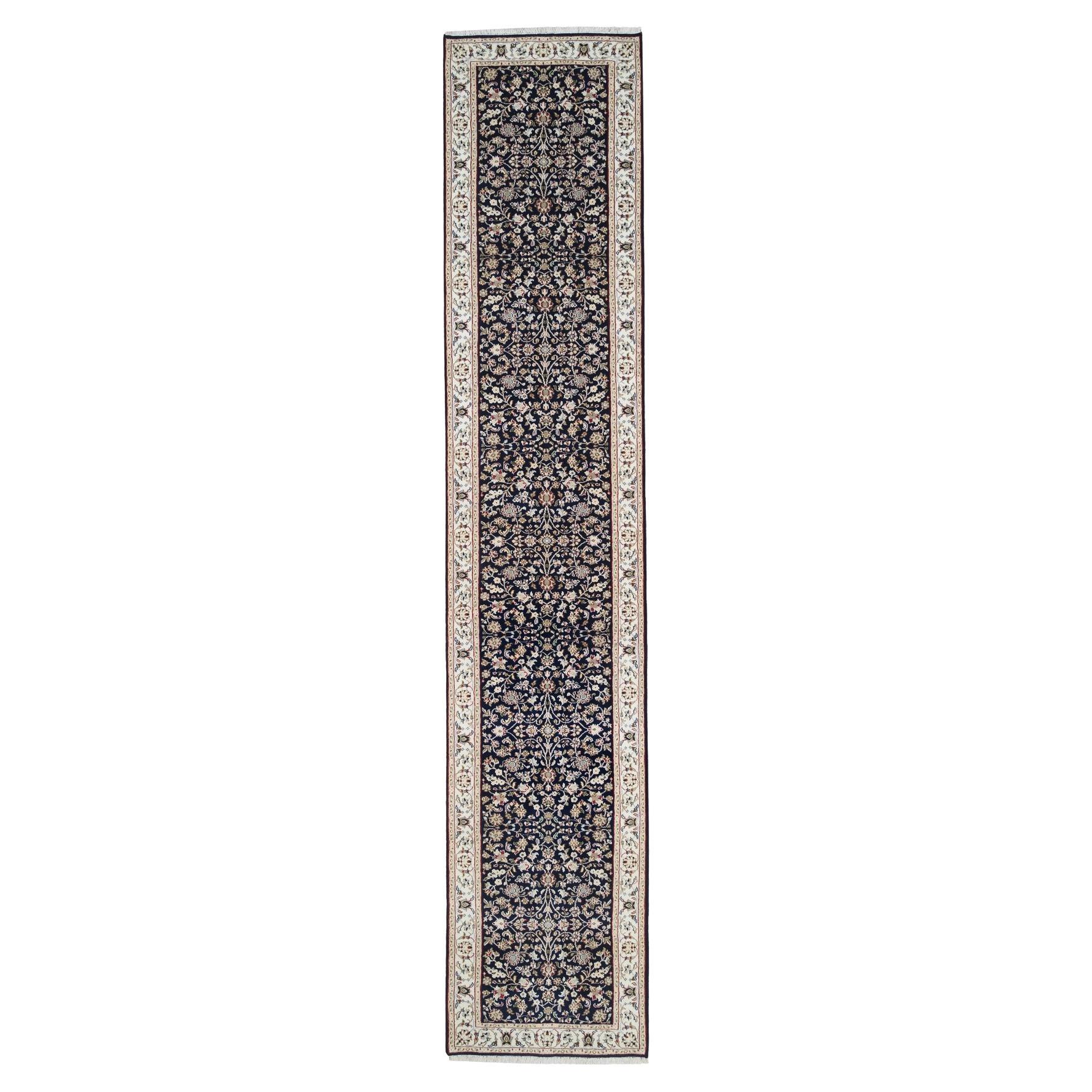 2'9"x14' Midnight Blue Nain Flower Design 250 KPSI Wool Hand Knotted Runner Rug