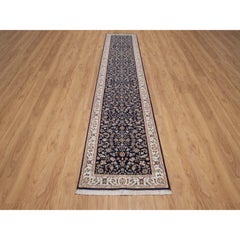 2'9"x14' Midnight Blue Nain Flower Design Hand Knotted Wool & Silk Runner Rug
