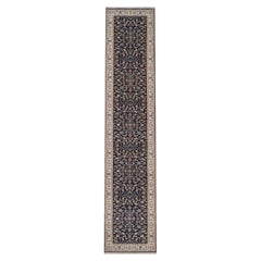 2'9"x14' Midnight Blue Nain Flower Design Hand Knotted Wool & Silk Runner Rug