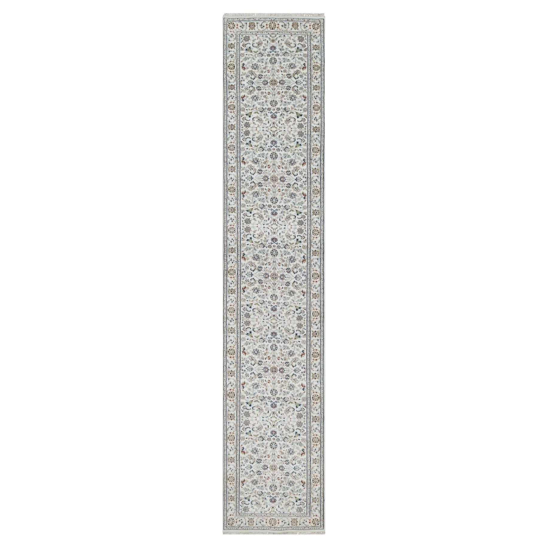 2
9 "x14
1" Daisy White Nain mit Blumendesign Wolle und Seide Hand geknüpft Teppich