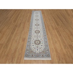 2'9"x14'5" Ivory Hand Knotted Nain with Medallions Design Wool & Silk Runner Rug