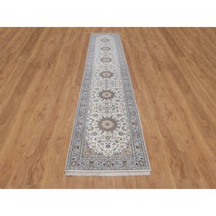 2'9"x14'6" Ivory Hand Knotted Nain with Medallions Design Wool & Silk Runner Rug