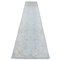 2'9"x15' Hand Knotted Denim Blue Washed Out Peshawar Afghan Wool XL Runner Rug