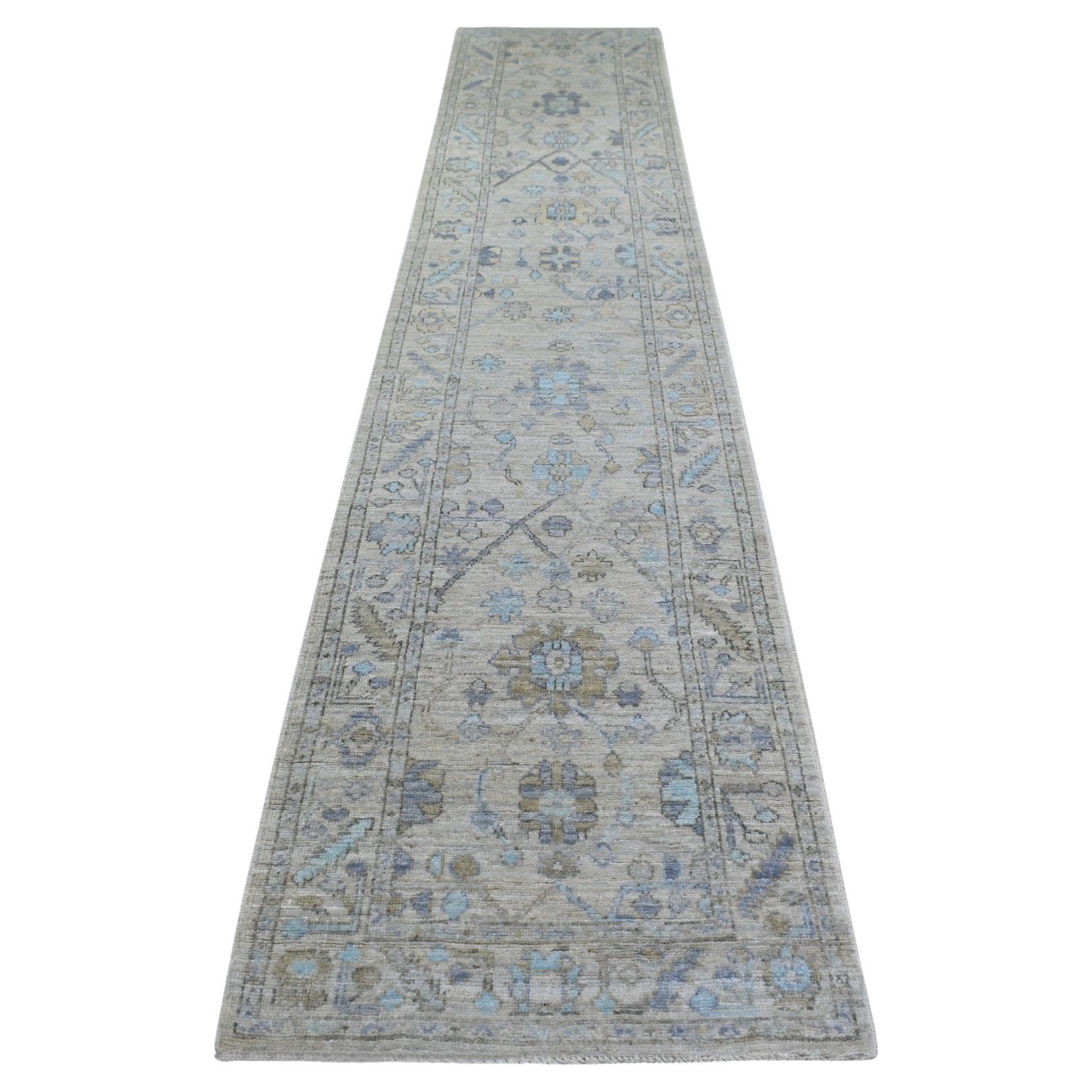 2
9"x15
1" Gray Natural Wool Afghan Angora Oushak Hand Knotted Runner Rug