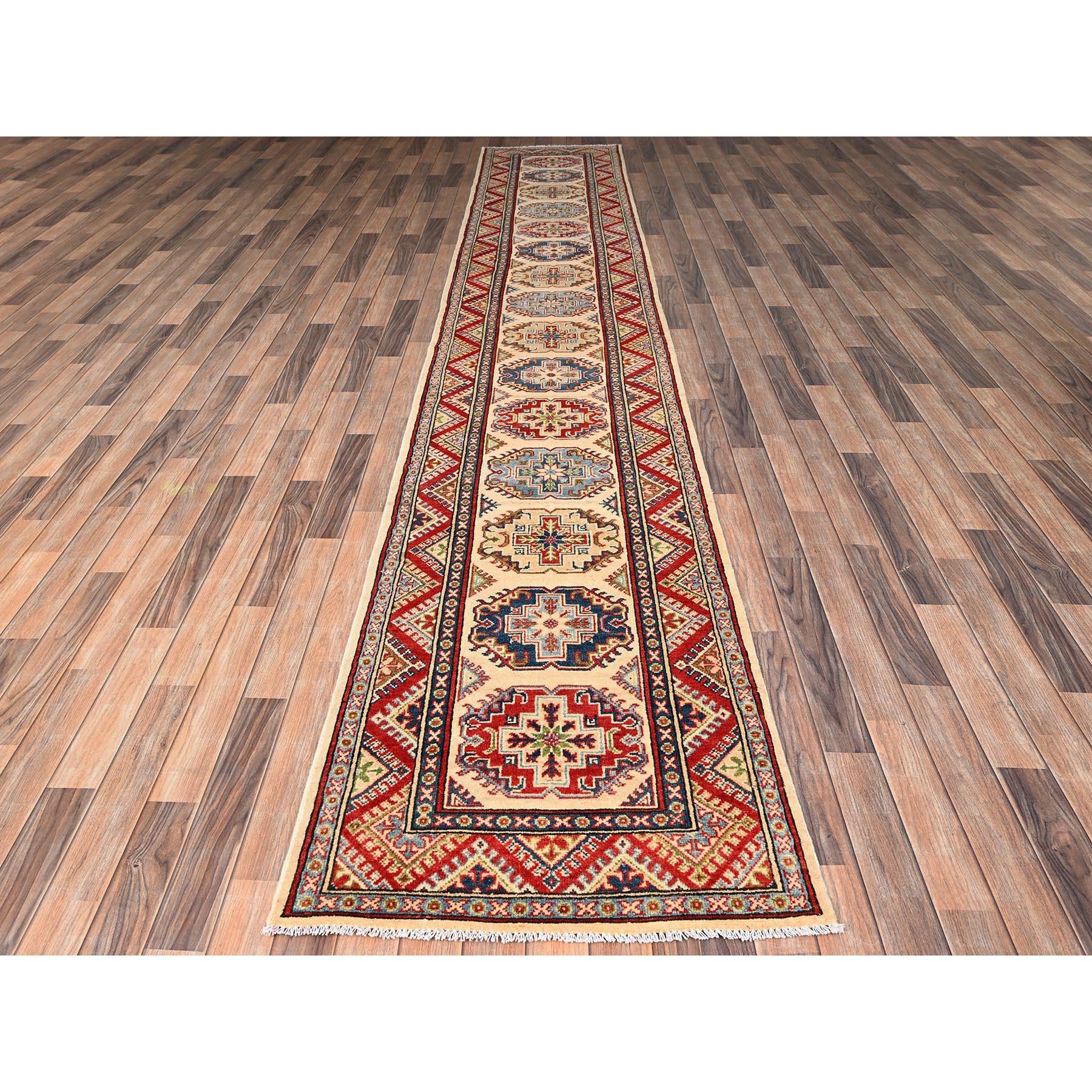 Floral White, Hand Knotted, Pure Wool, Vegetable Dyes, Denser Weave, Kazak with Geometric Medallions Design, XL, Runner, Oriental Rug
Primary materials: Wool
Latex: No Pile 
height: 0.25 Inches
Style: Traditional
Primary color: Ivory
Secondary