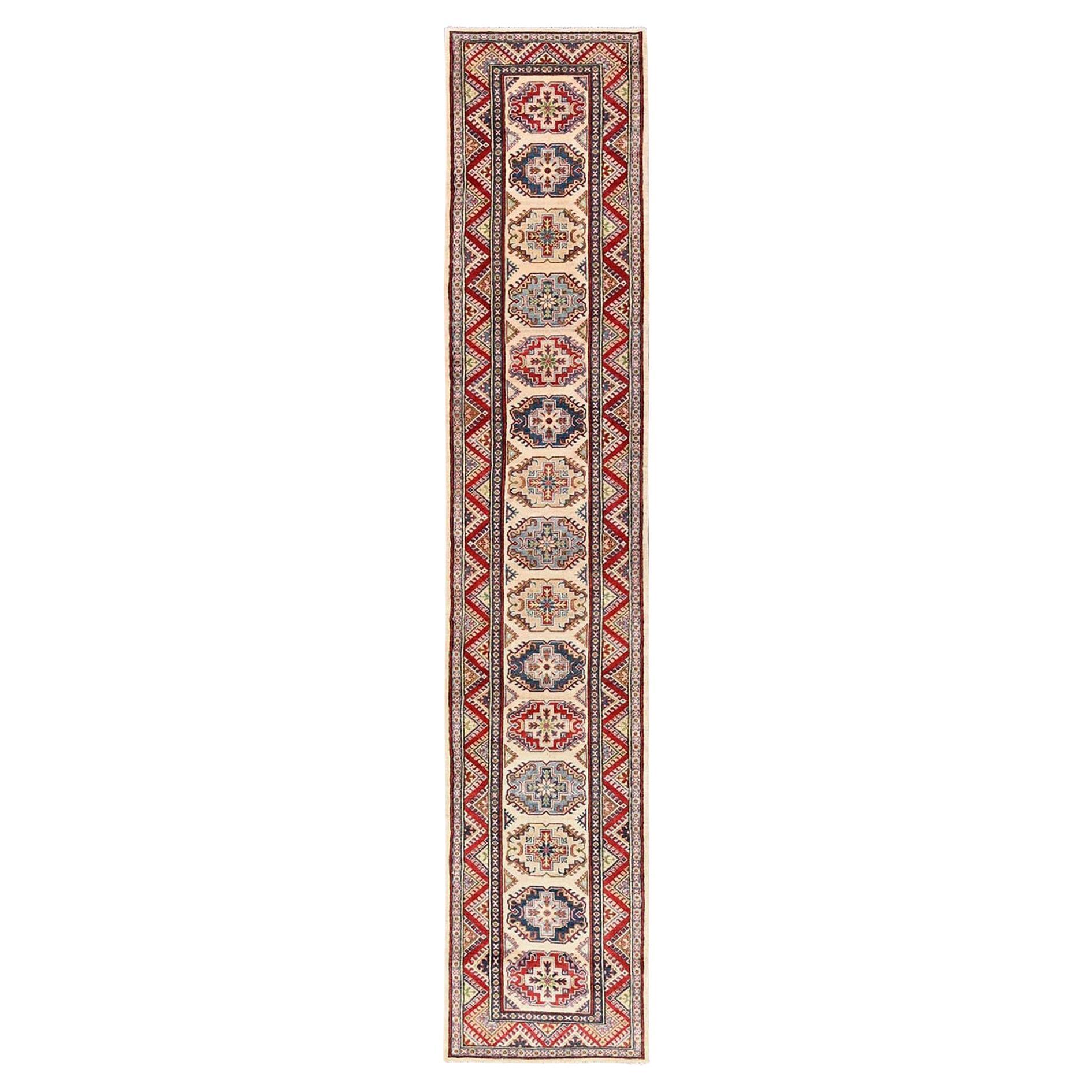 2
9"x15
4" Ivory Hand Knotted Pure Wool Kazak Geometric Medallions Runner Rug