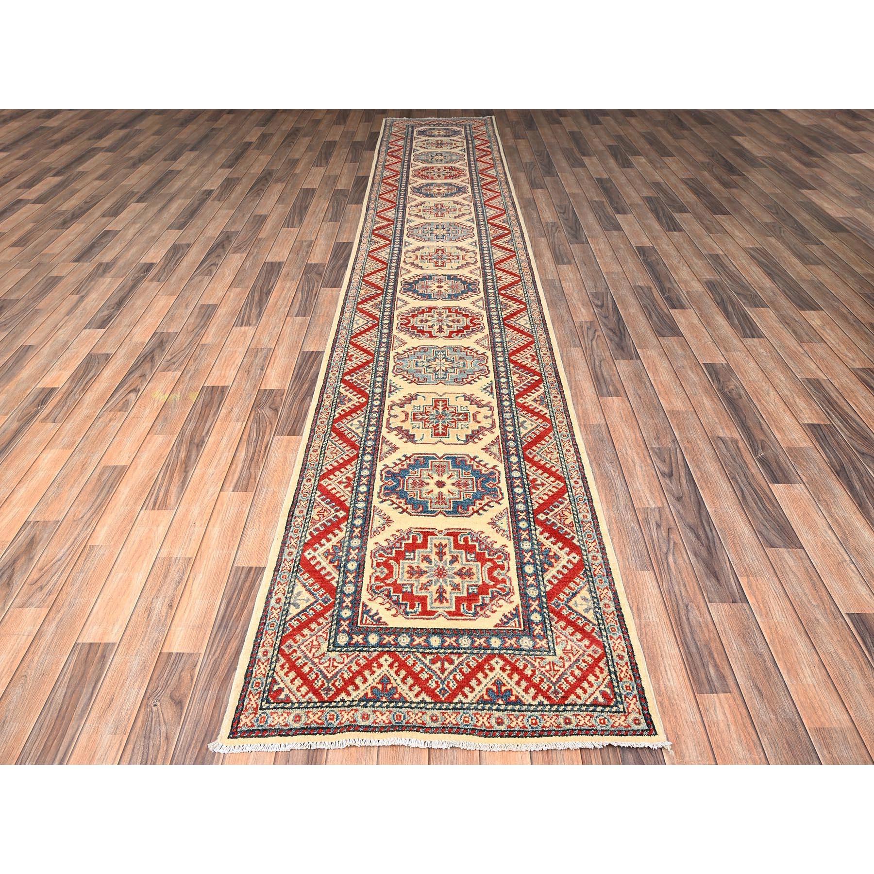 Linen White, Kazak with Geometric Medallions Design, Vegetable Dyes, Denser Weave, Hand Knotted, Pure Wool, XL, Runner, Oriental Rug
Primary materials: Wool
Latex: No Pile 
height: 0.25 Inches
Style: Traditional
Primary color: Ivory
Secondary