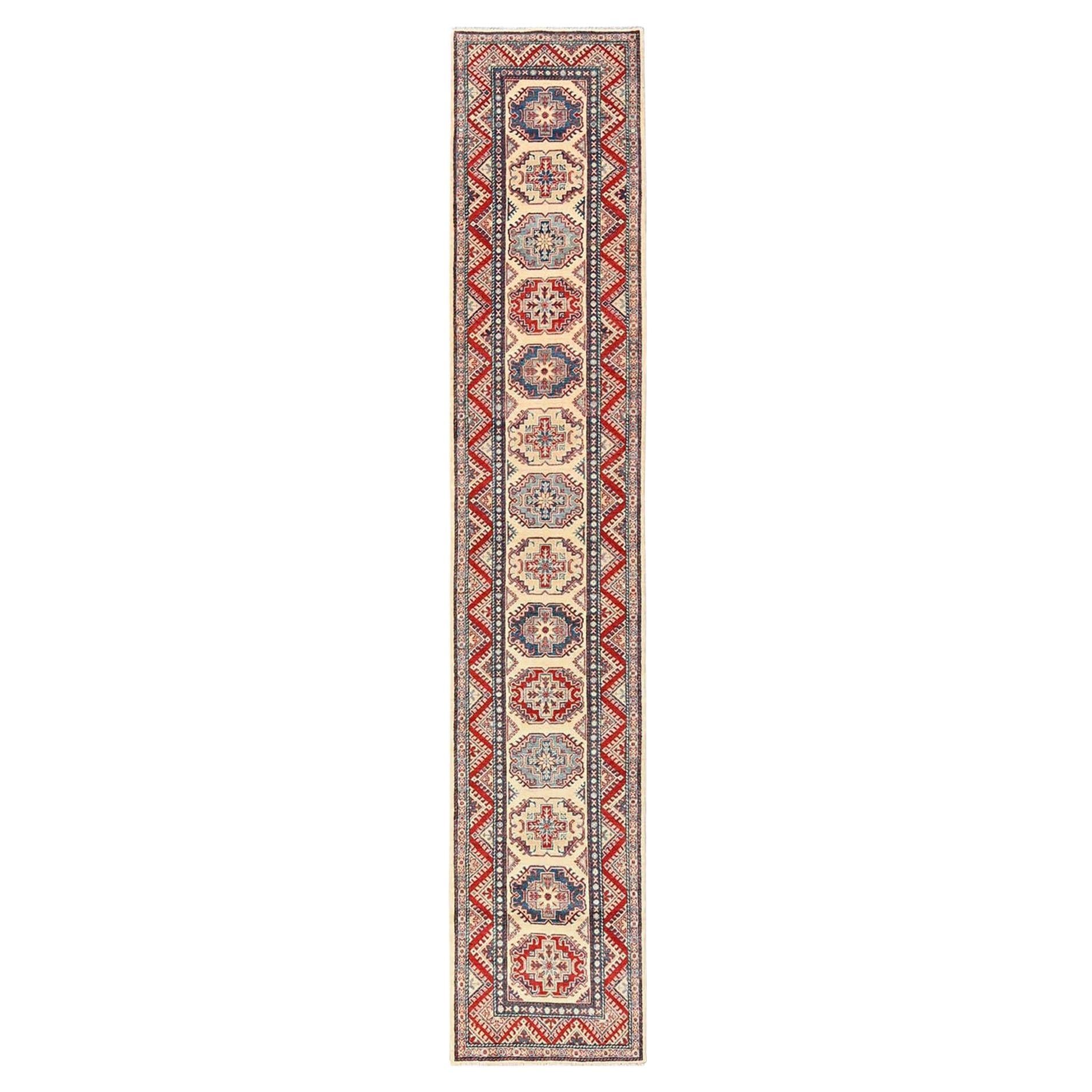 2
9"x15
4" Ivory Kazak Geometric Medallions Design Hand Knotted Wool Runner Rug