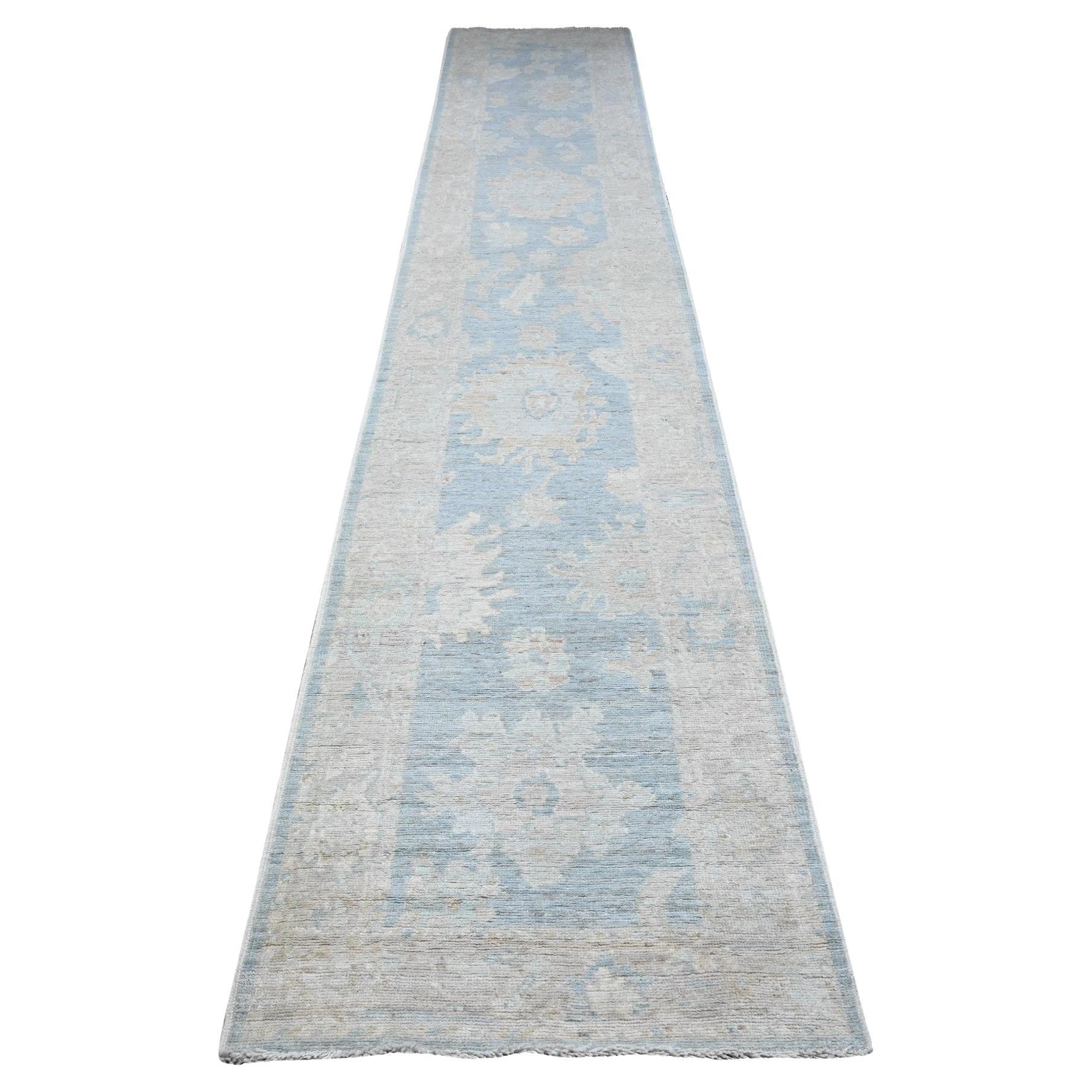 2
9 "x15
4" Riviera Blau Hand geknüpft Afghan Angora Oushak XL Läufer Orientteppich
