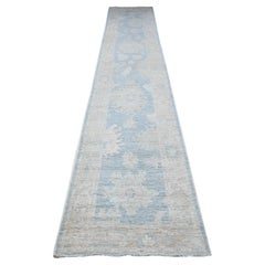 2'9"x15'4" Riviera Blue Hand Knotted Afghan Angora Oushak XL Runner Oriental Rug