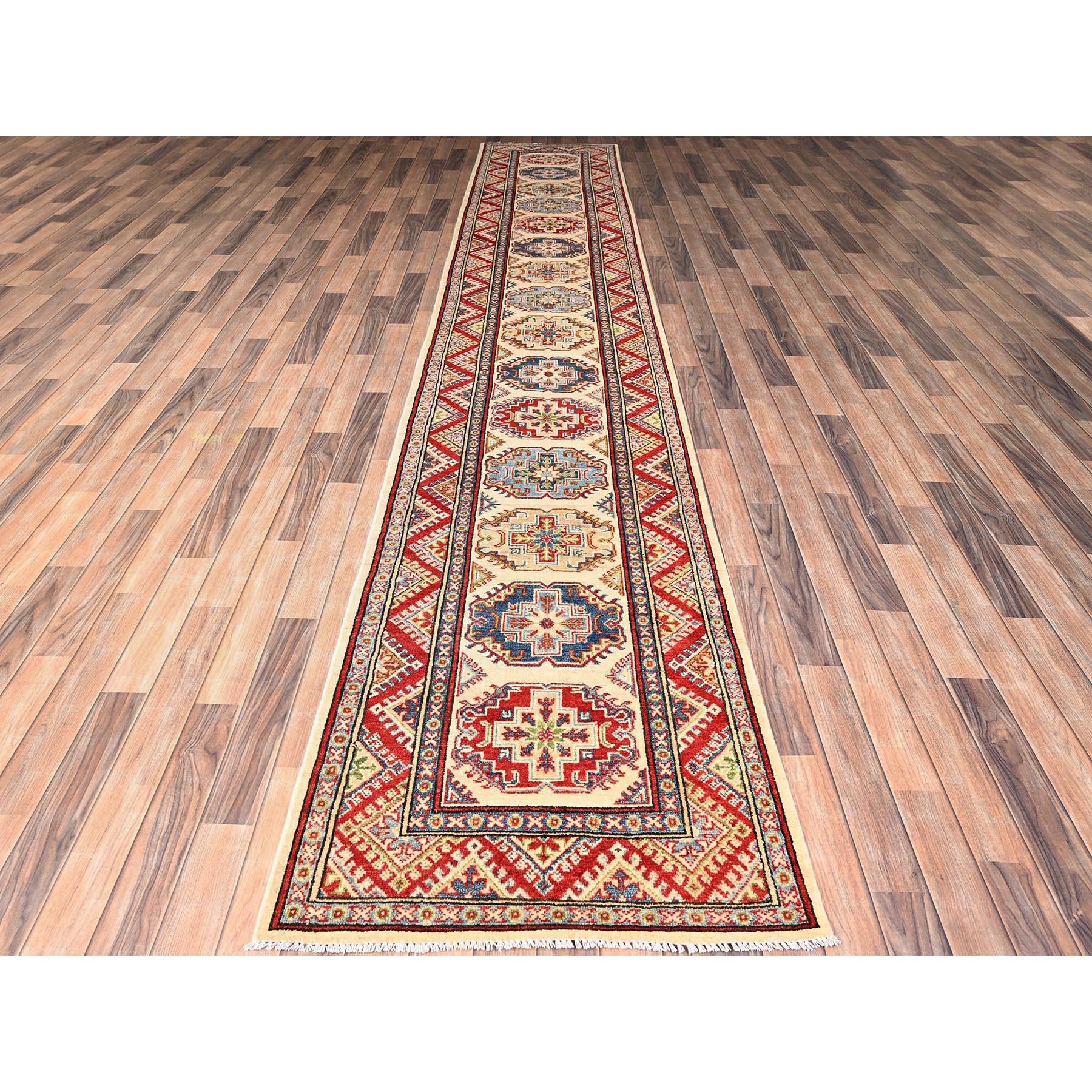 Linen White, Hand Knotted, Kazak with Geometric Medallions Design, Vegetable Dyes, Denser Weave, Pure Wool, XL, Runner, Oriental Rug
Primary materials: Wool
Latex: No Pile 
height: 0.25 Inches
Style: Traditional
Primary color: Ivory
Secondary