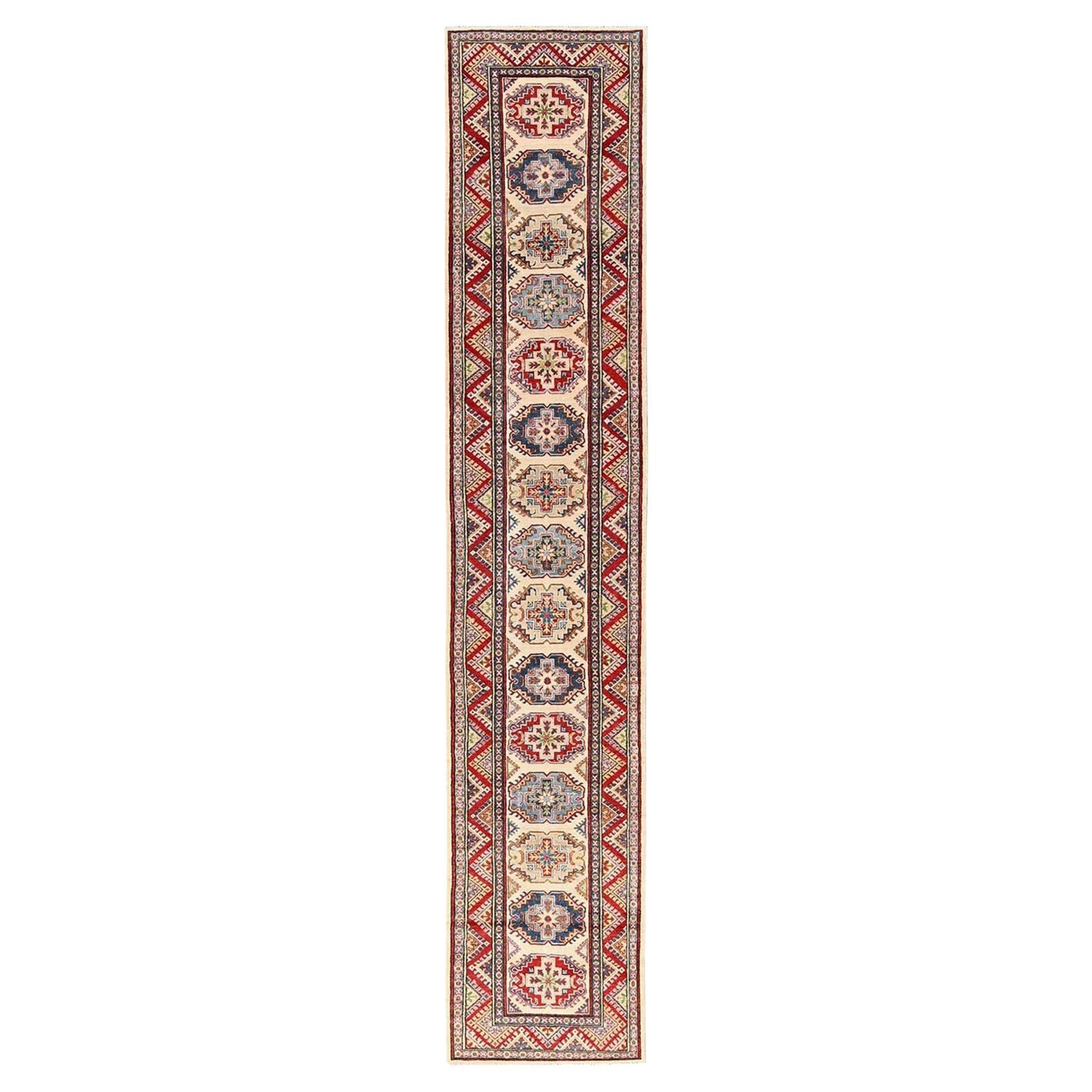 2
9"x15
5" Ivory Hand Knotted Kazak Geometric Medallions Design Wool Runner Rug