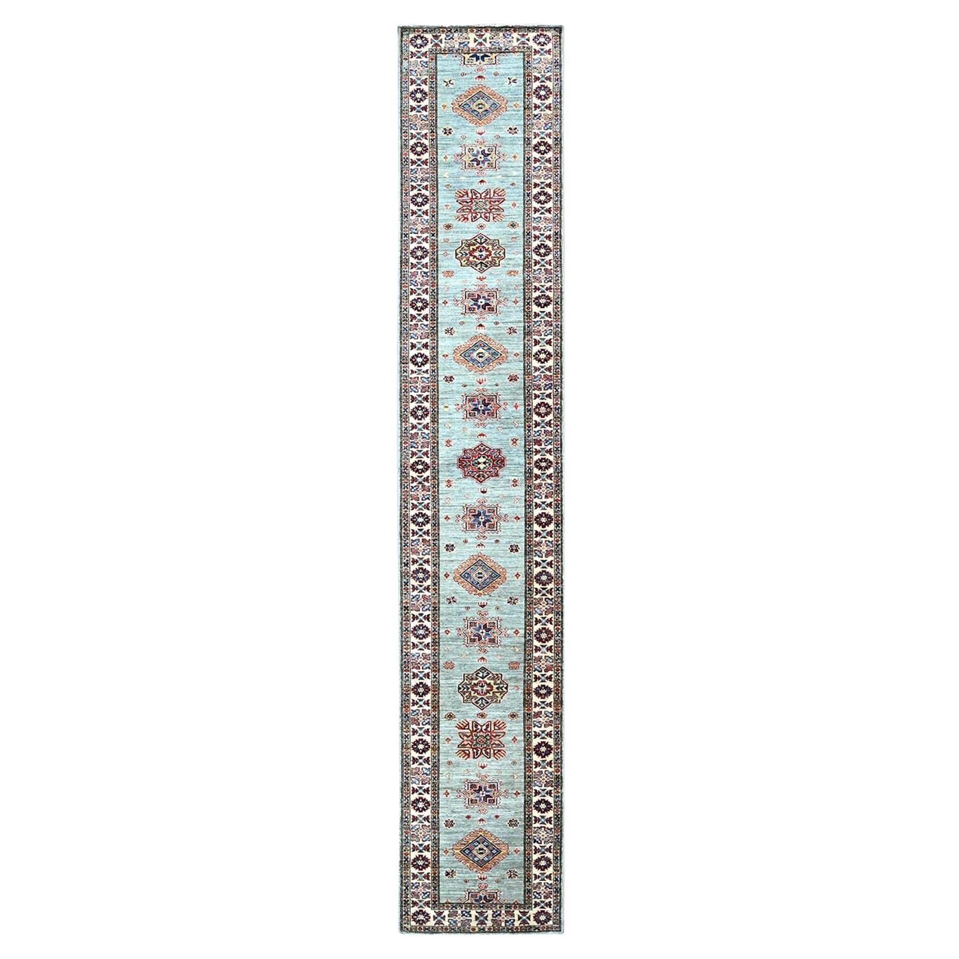 2'9"x15'5" Puritan Gray Afghan Super Kazak Hand Knotted Wool Runner Oriental Rug For Sale