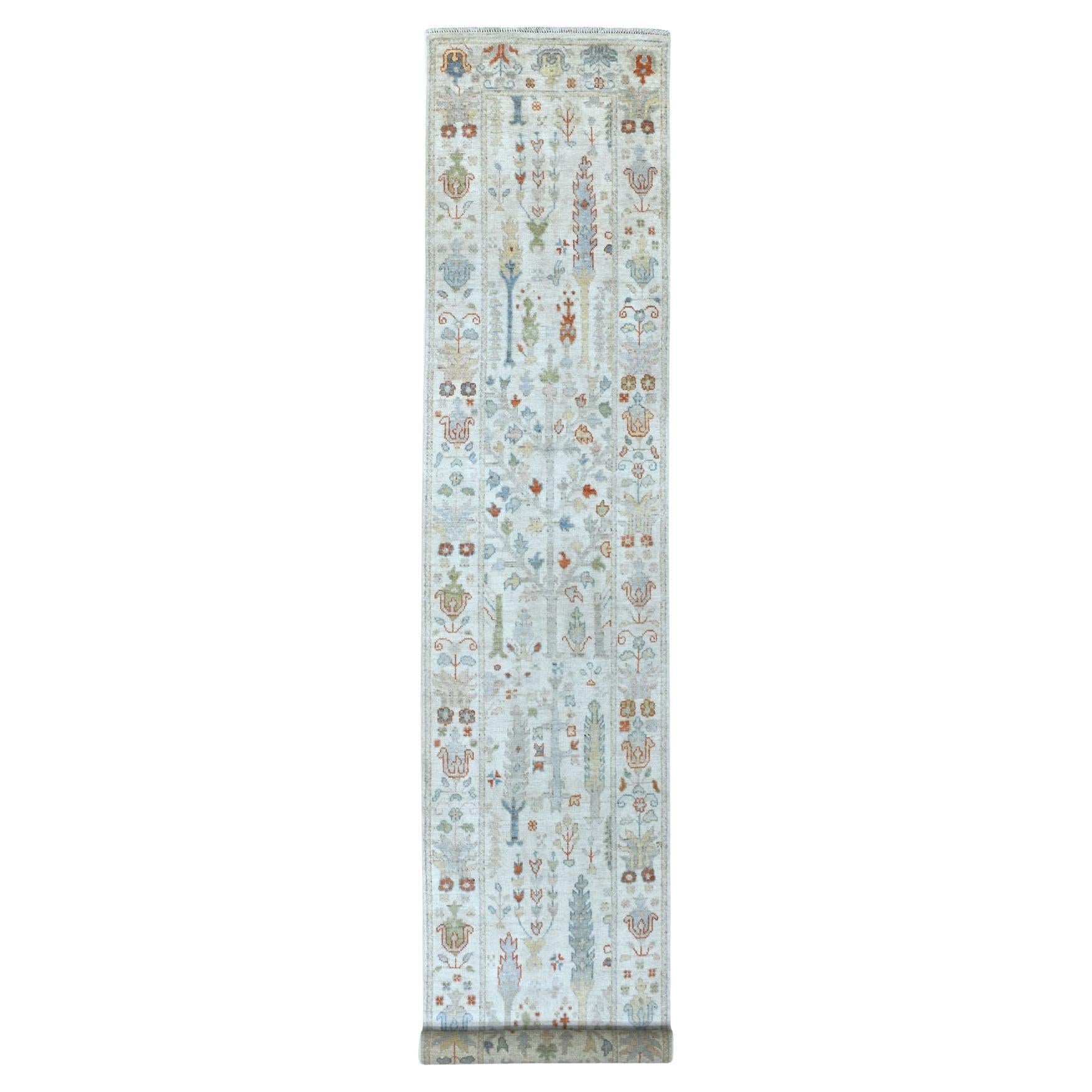 2'9"x15'6" Ivory Angora Oushak Tree Design Soft Wool Hand Knotted XL Runner Rug