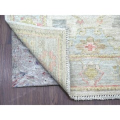 2'9"x15'7" Light Gray Hand Knotted Angora Oushak Leaf Design Wool Runner Rug