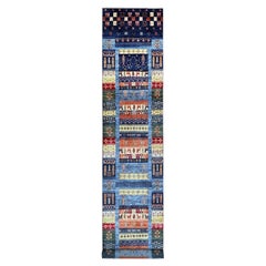 Navy Blue Fine Kashkuli Gabbeh Style Hand Knotted Pure Wool Runner Rug