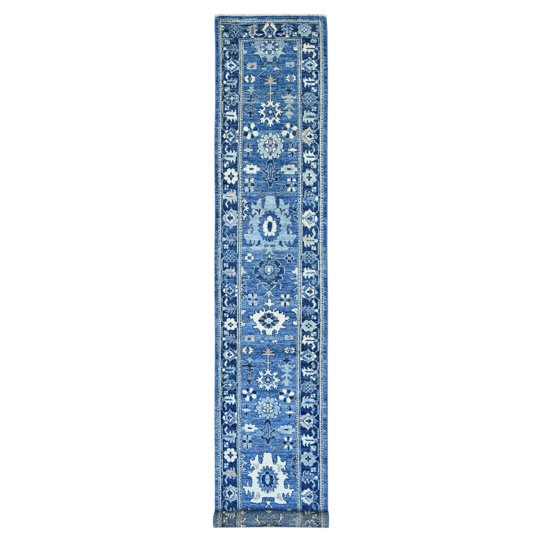 2'9"x16'8" Blue Pure Wool Afghan Angora Oushak Hand Knotted Runner Oriental Rug