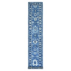 2'9"x16'8" Blue Pure Wool Afghan Angora Oushak Hand Knotted Runner Oriental Rug